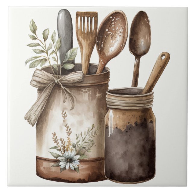 Rustic Watercolors Fatmhouse Utensils Ceramic Tile (Front)