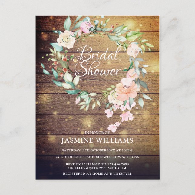 Rustic Watercolour Floral Script Bridal Shower Announcement Postcard (Front)