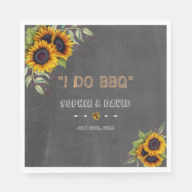 Rustic Watercolour Sunflowers Chalkboard I DO BBQ Napkin (Front)