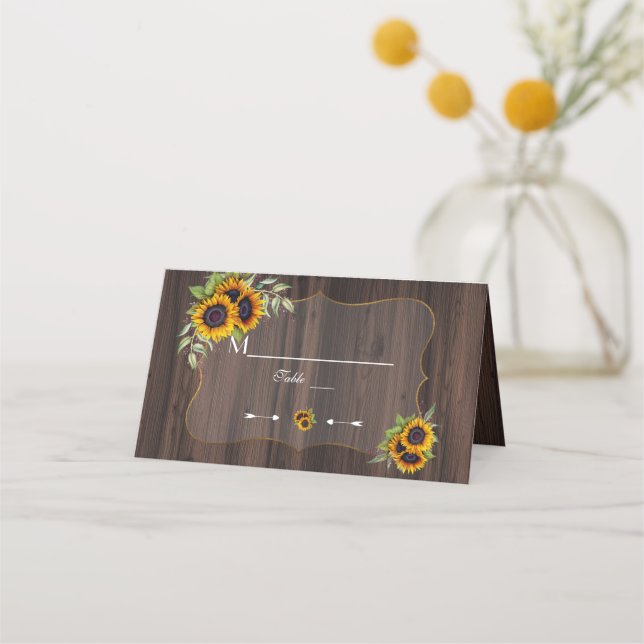 Rustic Watercolour Sunflowers Wood Table Number Place Card (Front)