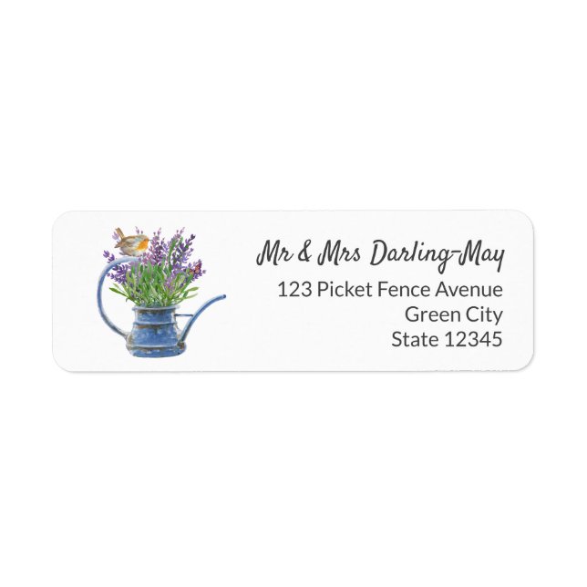 Rustic Watering Can Robin Lavender Return Address (Front)