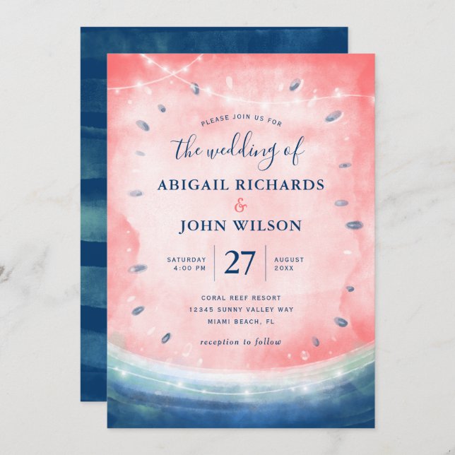 Rustic Watermelon Navy Pink Elegant Summer Wedding Invitation (Front/Back)