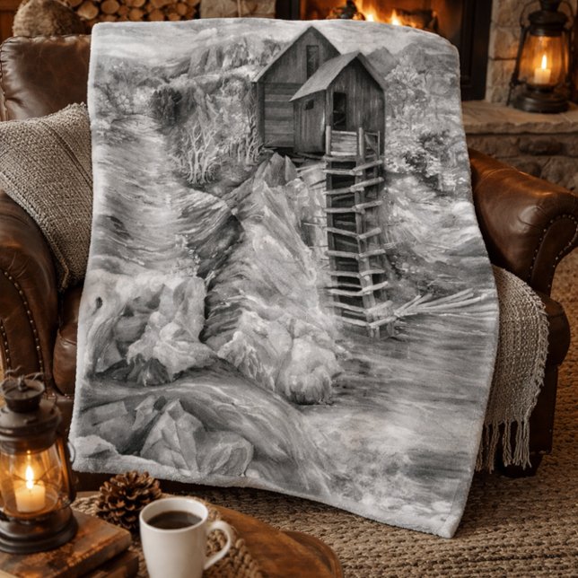 Rustic Watermill Landscape Monochrome Grey Colours Fleece Blanket (Creator Uploaded)