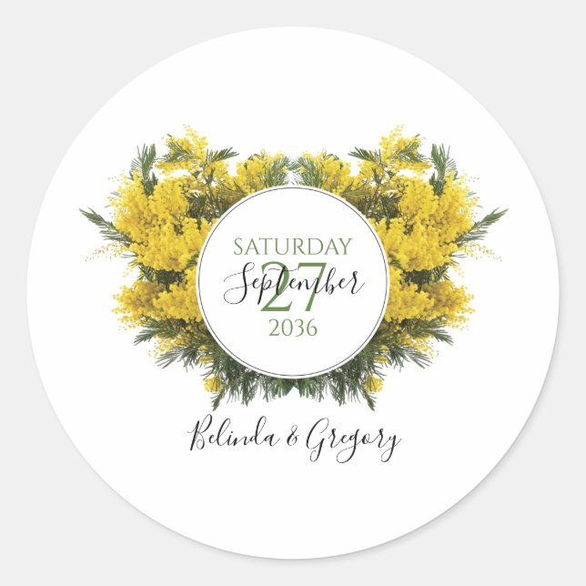 Rustic Wattle Acacia Wedding  Classic Round Sticker (Front)