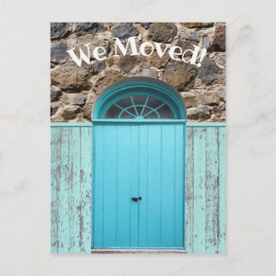 Rustic We Moved Announcement Blue Double Doors Postcard