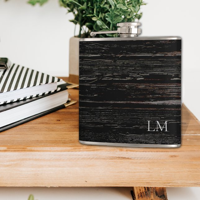 Rustic Weathered Black Wood Wedding Monogram Hip Flask (Creator Uploaded)