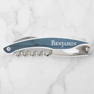 Rustic Weathered Blue Wood Personalised Corkscrew