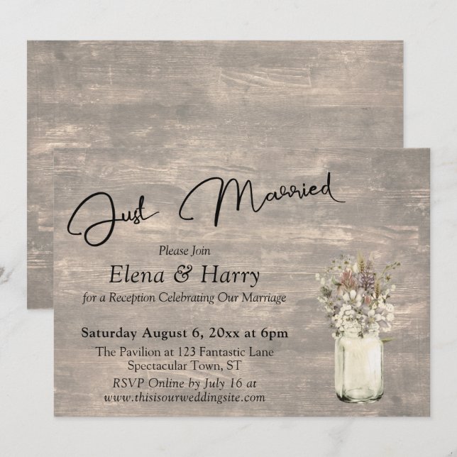Rustic Weathered Boards w Wildflowers Just Married Invitation (Front/Back)