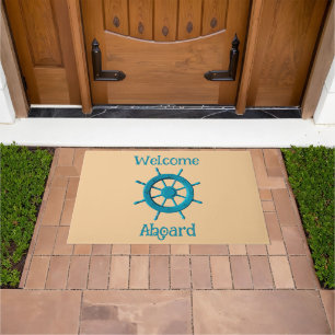 Rustic Weathered Boat Steering Wheel Photo Image Doormat