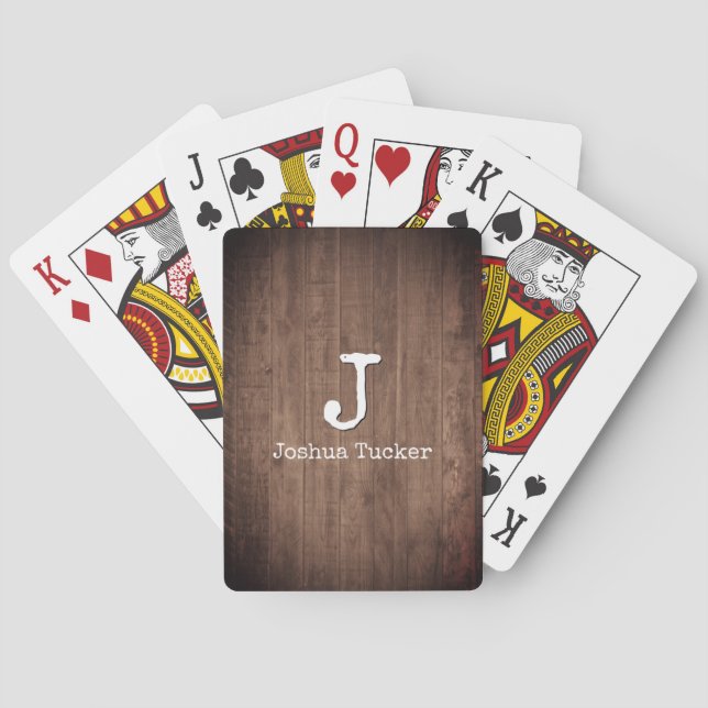 Rustic Weathered Dark Brown Wood Custom Name Playing Cards (Back)