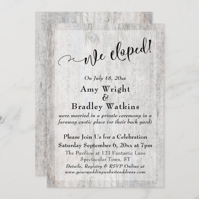 Rustic Weathered Grey Wood We Eloped Celebration Invitation (Front/Back)