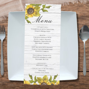 Rustic Weathered White Wood Bride Groom Sunflower  Menu