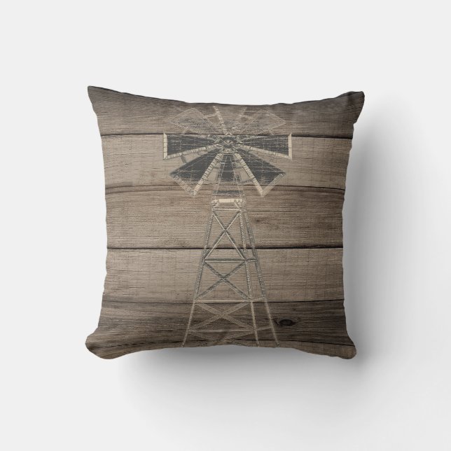 Rustic Weathered Wood Country Wind Mill Cushion (Front)
