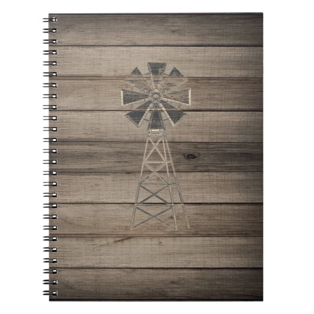 Rustic Weathered Wood Country Wind Mill Spiral Notebook (Front)