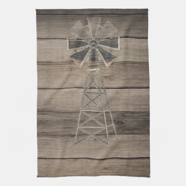 Rustic Weathered Wood Country Wind Mill Tea Towel (Vertical)