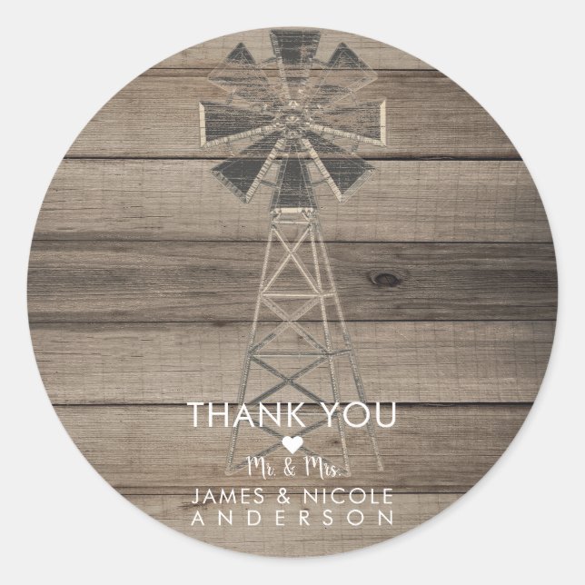 Rustic Weathered Wood Country Wind Mill Wedding Classic Round Sticker (Front)
