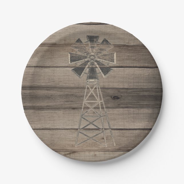 Rustic Weathered Wood Country Wind Mill Wedding Paper Plate (Front)