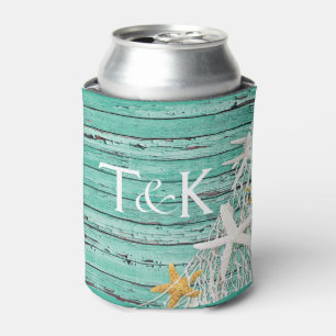 Rustic Weathered Wood Starfish Netting aqua Can Cooler