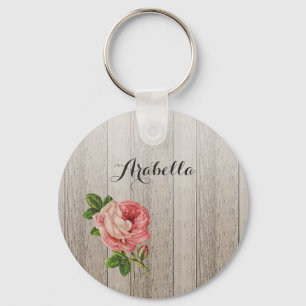Rustic Weathered Wood Vintage Pink Rose With Name Key Ring