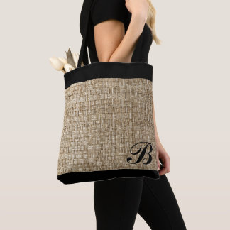 Rustic Weave Texture Pattern Chic Black Monogram Tote Bag