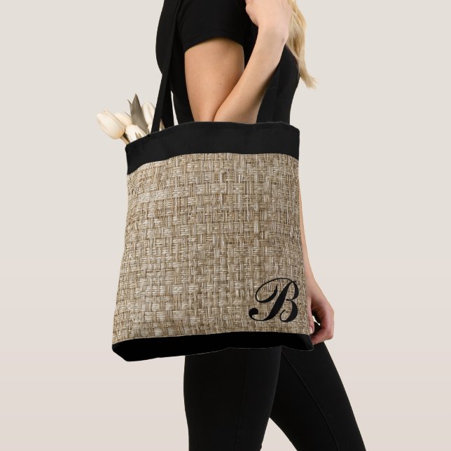 Rustic Weave Texture Pattern Chic Black Monogram Tote Bag (Close Up)
