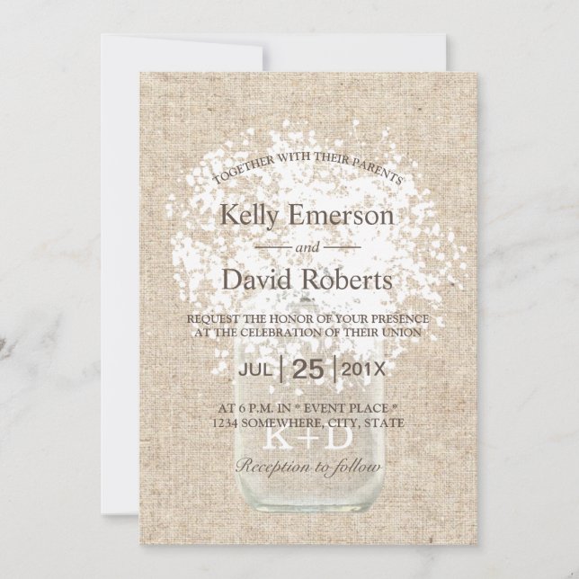 Rustic Wedding Baby's Breath Mason Jar Invitation (Front)