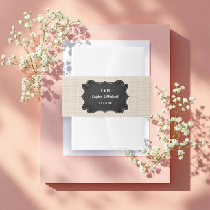 Rustic Wedding Beige Black Burlap  Invitation Belly Band