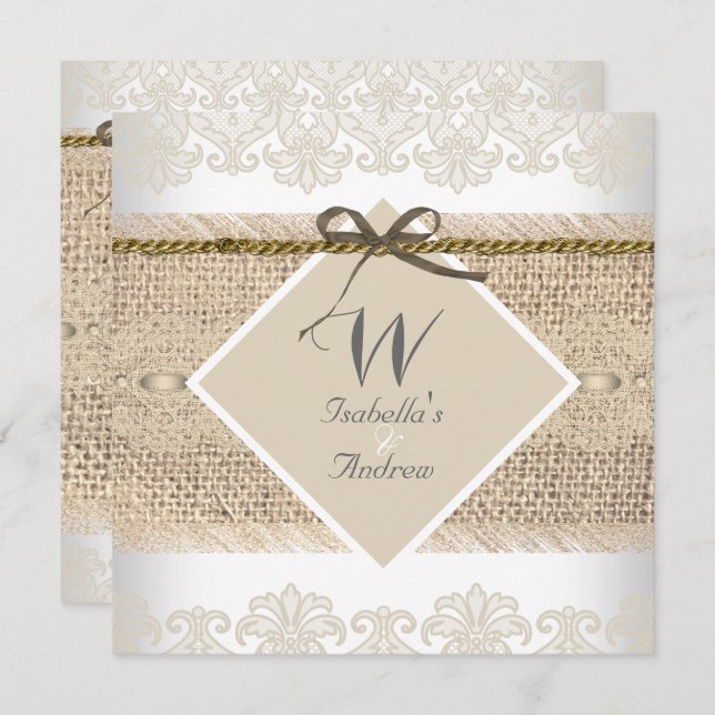 Rustic Wedding Beige lace Burlap White Invitation (Front/Back)