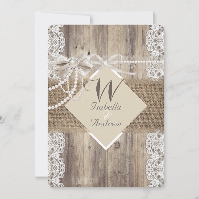 Rustic Wedding Beige Pearl Lace Wood Burlap Invitation (Front)