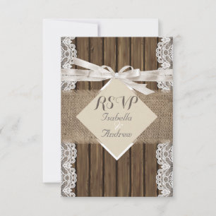 Rustic Wedding Beige RSVP Lace Wood Burlap 3 Card