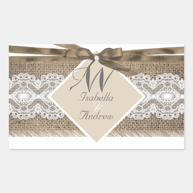 Rustic Wedding Beige White Lace Burlap 2a Rectangular Sticker (Front)