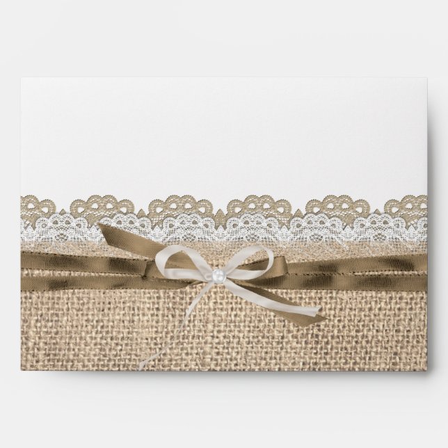 Rustic Wedding Beige White Lace Burlap Long Envelope (Front)
