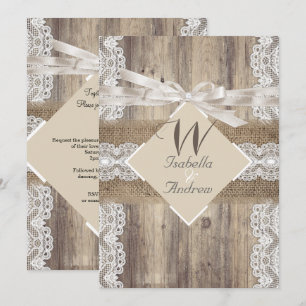 Rustic Wedding Beige White Lace Wood Burlap 2a Invitation