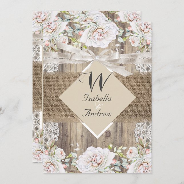 Rustic Wedding Beige White Roses Wood Burlap Invitation (Front/Back)