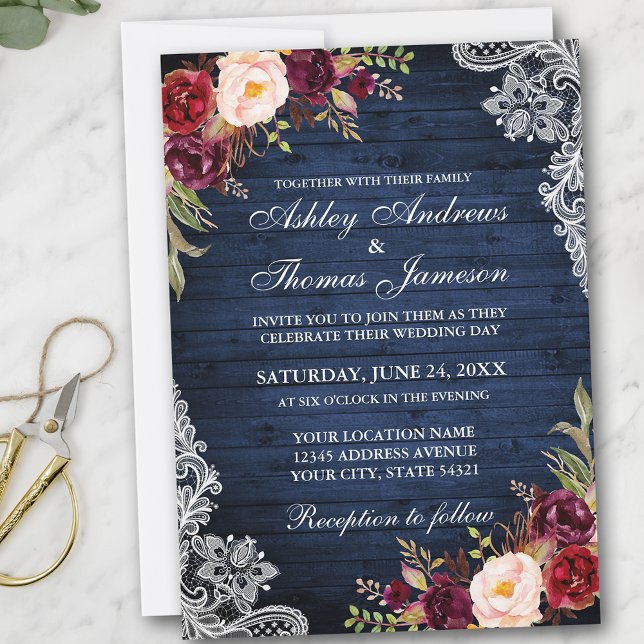 Rustic Wedding Blue Wood Burgundy Floral Lace Invitation (Customize to add more text or photos to back of card.)