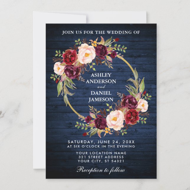 Rustic Wedding Blue Wood Burgundy Wreath Invite (Front)