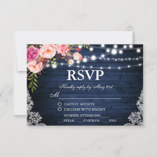 Rustic Wedding Blue Wood Floral Lace RSVP w/Meal Card