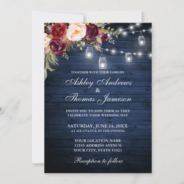 Rustic Wedding Blue Wood Lights Jars Floral Invitation (Front)