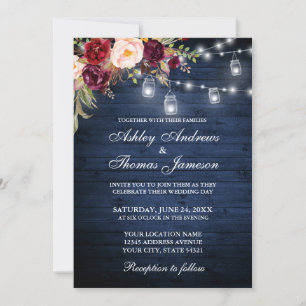 Rustic Wedding Blue Wood Lights Jars Floral Invitation