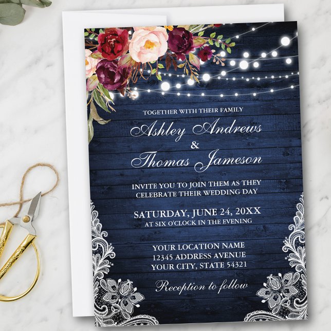 Rustic Wedding Blue Wood Lights Lace Floral Invite (Customize to add more text or photos to back of card.)