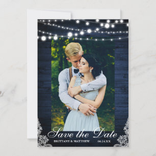 Rustic Wedding Blue Wood Lights Lace Save the Date