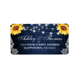 Rustic Wedding Blue Wood Lights Sunflowers Address Label