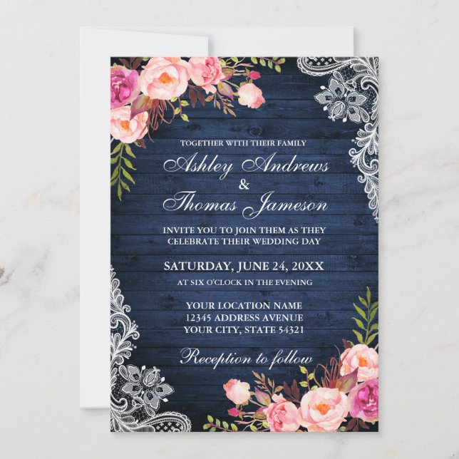 Rustic Wedding Blue Wood Pink Floral Lace Invitation (Front)