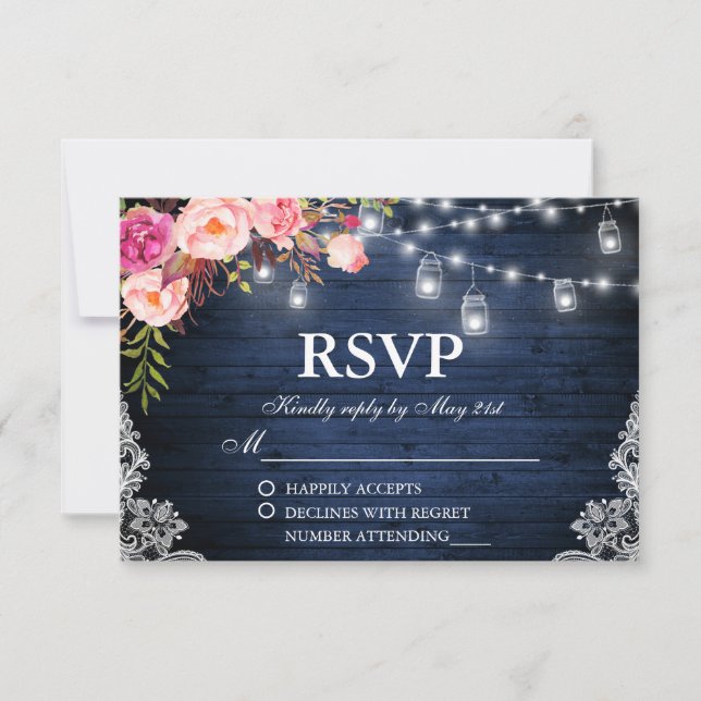 Rustic Wedding Blue Wood Pink Floral Lights Lace RSVP Card (Front)