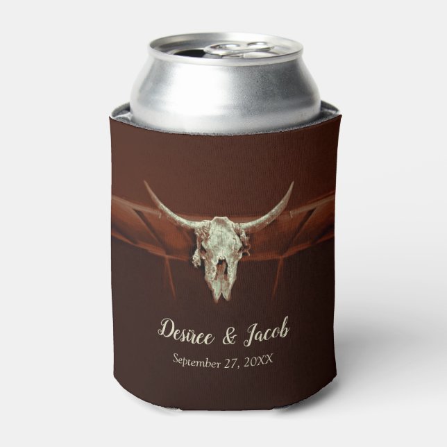 Rustic Wedding Brown Western Bull Skull Country Can Cooler (Can Front)