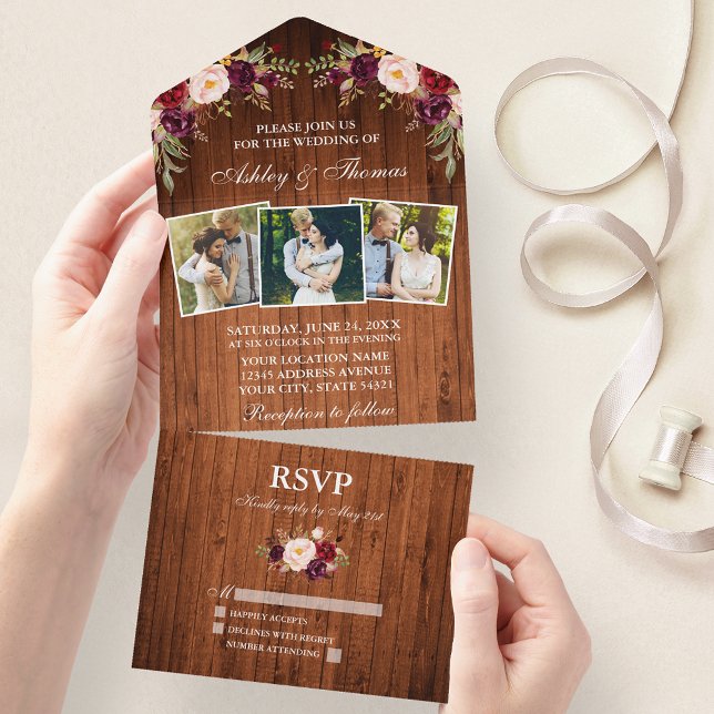 Rustic Wedding Burgundy Floral Wood 3 Photo All In One Invitation (All In One Wedding Invitation with tear off RSVP Card)