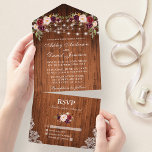 Rustic Wedding Burgundy Floral Wood Lace Lights All In One Invitation<br><div class="desc">Rustic Wedding,  Watercolor Burgundy Floral,  Wood and String Lights Lace Wedding All In One Invitation with RSVP Card includes burgundy roses,  pink roses,  red roses and botanical greenery.</div>