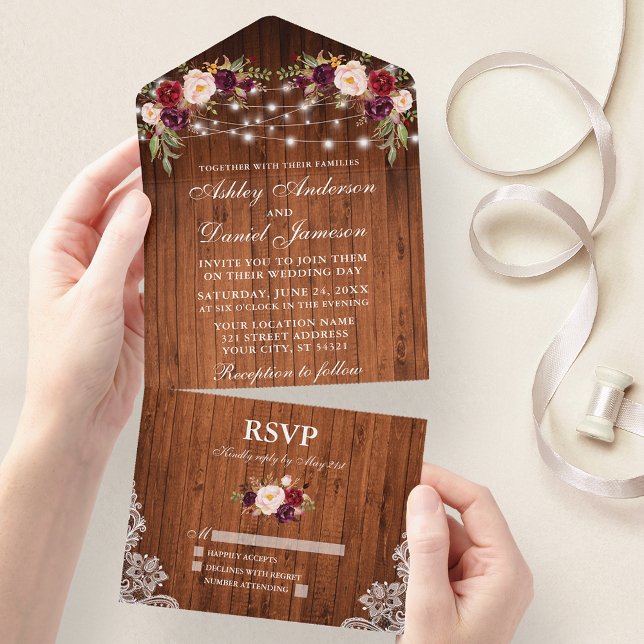Rustic Wedding Burgundy Floral Wood Lace Lights All In One Invitation (All In One Wedding Invitation with tear off RSVP Card)