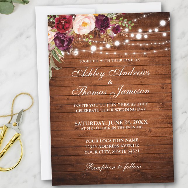 Rustic Wedding Burgundy Floral Wood Lights Invite (Customize to add more text or photos to back of card.)