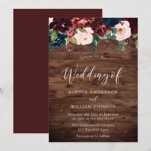Rustic Wedding: Burgundy, Navy & Blush Flowers Invitation